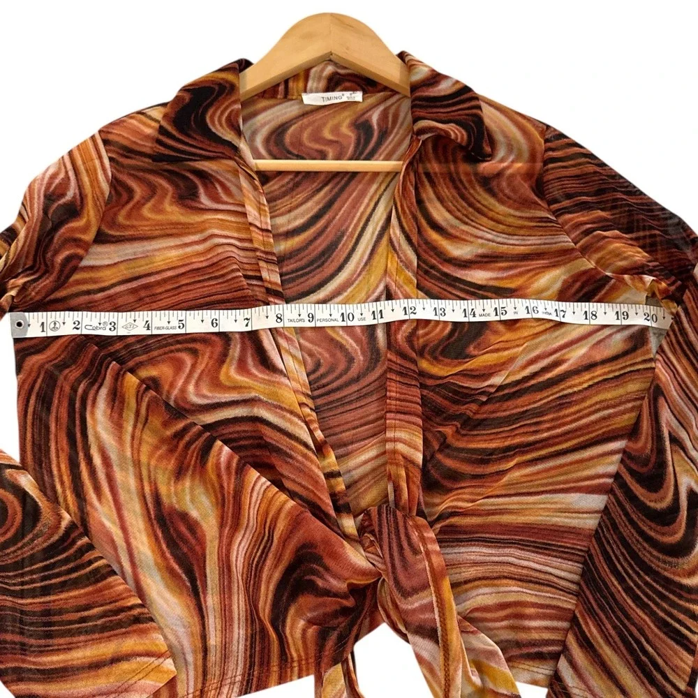 Timing Mesh‎ Tie Front Marble Print Top Sz S Groovy Retro Festival Boho